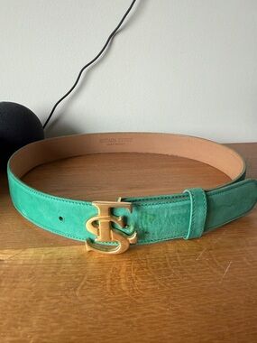 Escada Turquoise Suede Belt with Gold Logo Buckle